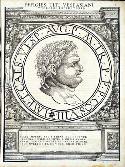 Titus Vespasianus, illustratie uit Imperatorum romanorum omnium orientalium et occidentalium verissimae imagines ex antiquis numismatis, houtsnede door Rudolph Wyssenbach, gedrukt door Andreas Gesner, Zürich door Hans Rudolf Manuel Deutsch